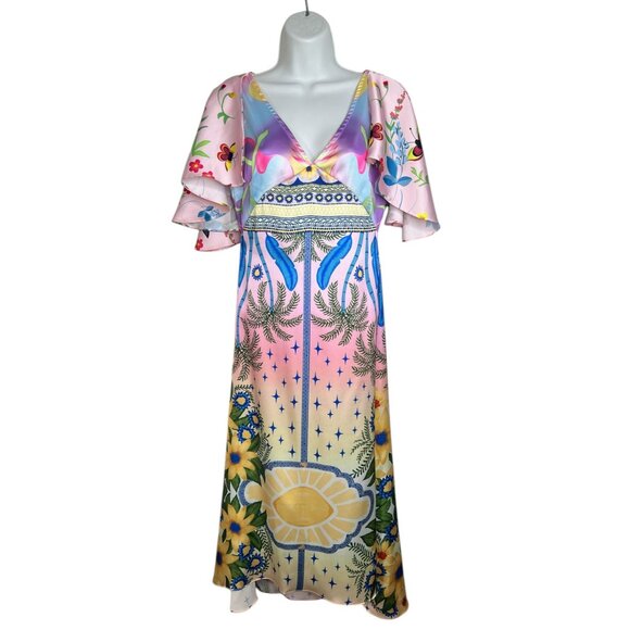 NWT Oceanus Camille Satin Midi Dress Colorful Tropical Floral Small - Picture 7 of 16
